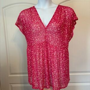 Lane Bryant Babydoll Sheer Blouse Pink Floral sz 22/24 V-neck Lightweight Summer